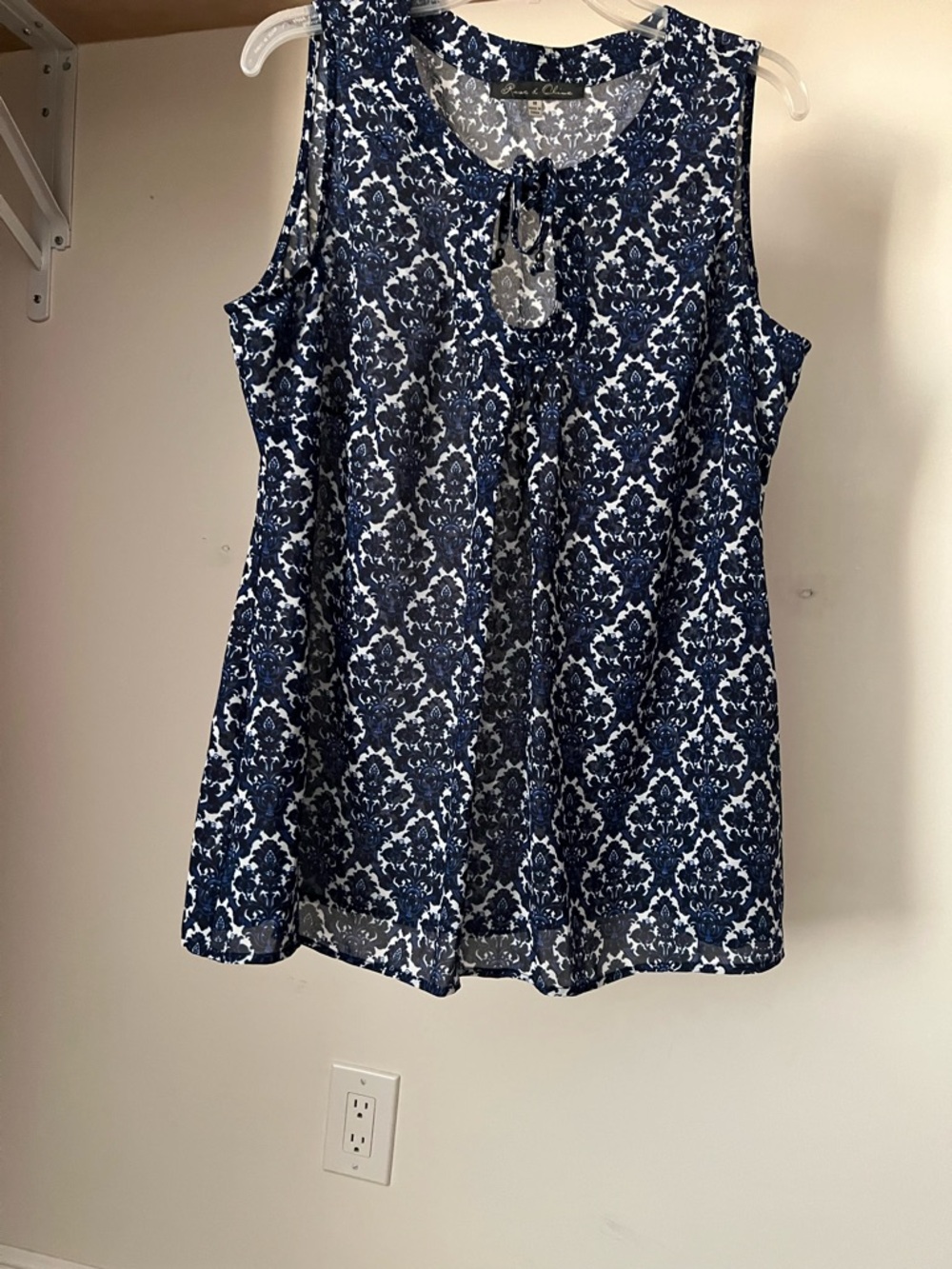 Rose & Olive Navy and White Damask Tie-Neck Sleeveless Top